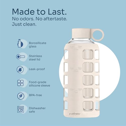 40oz / 32oz / 22oz / 12oz Borosilicate Glass Water Bottle with Time & Volume Markers, Silicone Sleeve, Stainless Steel Lid | Reusable Glass Bottle for Water & Juice (22oz Pearled Ivory) (Pearled Ivory (1 Count) / 22 Ounces)