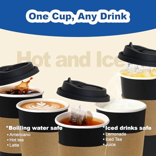 16 oz 100 Pack Coffee Cups with Lids and Sleeves (Black-100packs / 16 oz)