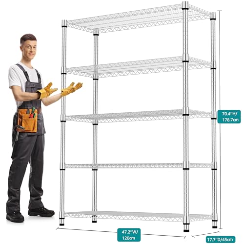 5 Tiers Shelf Metal Storage Shelves 3300 lbs Steel Storage Shelving Utility Shelving Unit Steel Organizer Wire Rack for Home (5 tier, 17.7"D x 47.2"W x 70.3"H / Chrome)