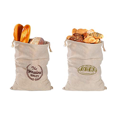 Natural Linen Bread Bags 2Pack 100% Flax Linen for Homemade Bread Reusable Food Storage Bags Reusable Bread Bags for Large Loaf Bakery & Baguette