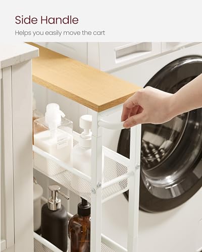 4 Tier Slim Rolling Storage cart with Wheels (Oak Beige + Classic White / 4 Tiers (5.1"D x 30.3"H))