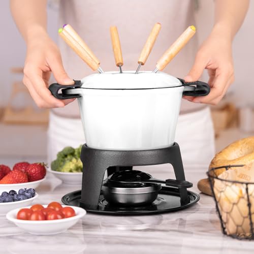 Cast Iron Fondue Pot Set White Enameled 1.6 Qt for Cheese (White)