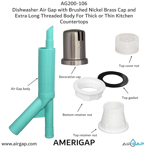 Dishwasher Air Gap with Skirted Brushed Nickel Brass Cap and Extra Long Threaded Body for Thick or Thin Kitchen Countertops (AG200-106)