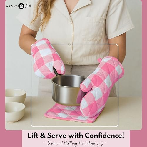 Buffalo Plaid Check Oven Mitts and Pot Holders Set of 4 (Buffalo, Rose Pink)