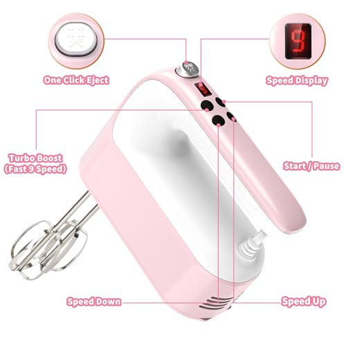 9 Speed Digital Hand Mixer Electric (Pink/White)