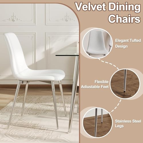 36” Square Glass Dining Table Set for 4 (Black Square Table/White Velvet Chairs / 5 Pieces)