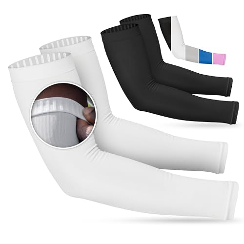 Non Slip Cooling Arm Sleeves for Men & Women (2 Pairs: 1 Pair White + 1 Pair Black / One Size)