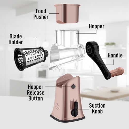 Rotary Cheese Grater Manual Hand Crank 5 Blade Shredder (5 Blades / Rose Gold & Black)