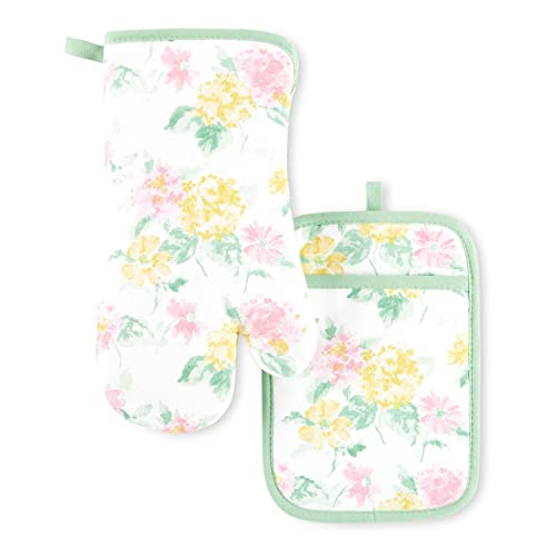 Amber Floral Oven Mitt & Pot Holder Set 2 (Petal Pink)