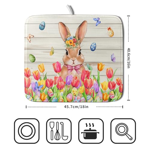 Easter Bunny Dish Drying Mat 16x18 inch Eggs Floral Fast Drying Pad Washable Reversible Microfiber Dish Drainer Mats for Kitchen Counter (Bunny Wood / 16" x 18")