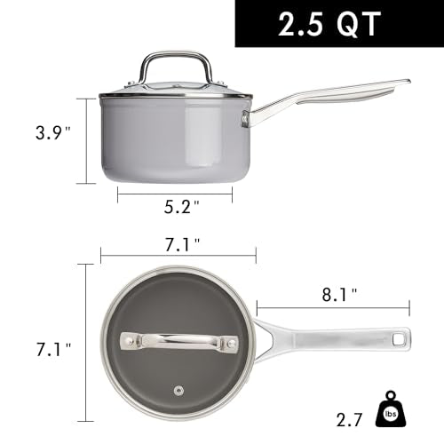 2.5 QT Ceramic Enamel Saucepan with Lid (2.5 QT Grey)