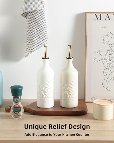 Sweejar Ceramic Olive Oil Dispenser Bottle 20 Oz Relief Opaque Oil Cruet Protects To Reduce Oxidation Suitable for Storage Vinegar (White / 20 oz (Gold Spout), Set of 1)