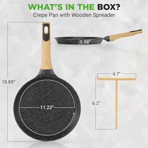 2-Pack Non-Stick Crepe Pan Set – 11” Marble Coated Dosa Pans with Wooden Spreaders, Bakelite and Wood Handles, Induction-Compatible, Easy-to-Clean, Stain-Resistant (Black Marble) (Black / 11" (2-Pack))