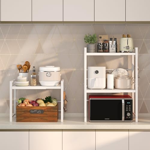 Expandable Microwave Stand Kitchen Countertop Organizer (White / 3 Tier (Without Spice Rack))