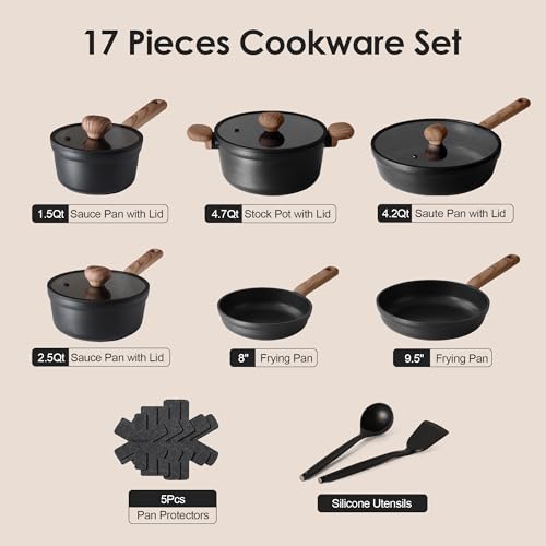 Nonstick Pots and Pans Set 17pcs Matte Black (Black / 17pcs)