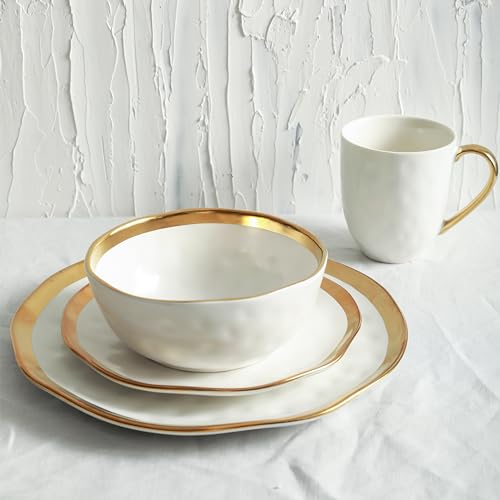 Florian Modern Porcelain Dish Set (32-Pieces Service for 8 / White with Gold Rim)