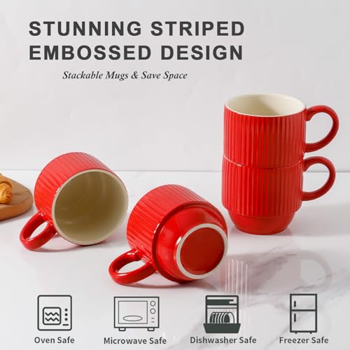 12 Oz Coffee Mugs Set of 4 with Rack (Red / 12 Ounces)
