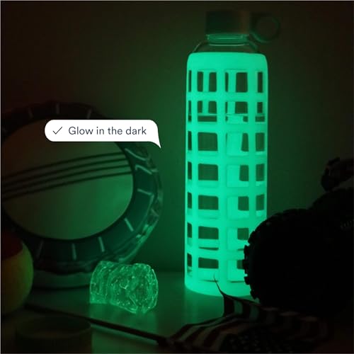 40oz / 32oz / 22oz / 12oz Borosilicate Glass Water Bottle with Time & Volume Markers, Silicone Sleeve, Stainless Steel Lid | Reusable Glass Bottle for Water & Juice (32oz Glow-in-the-Dark) (Glow-in-the-Dark (1 Count) / 32 Ounces)