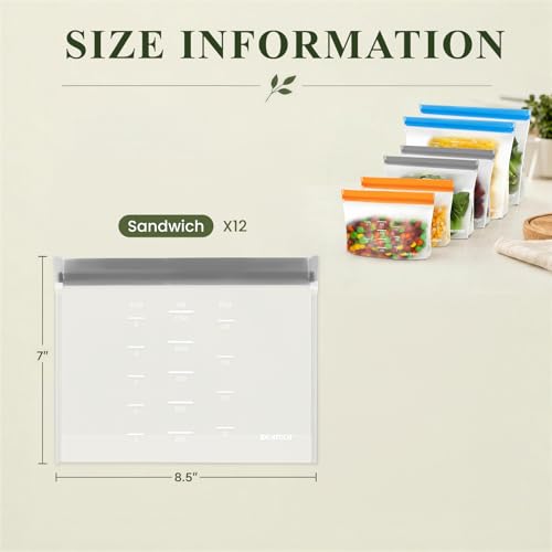 Dishwasher Safe Reusable Storage Bags Stand Up (Grey (12 Sandwich))