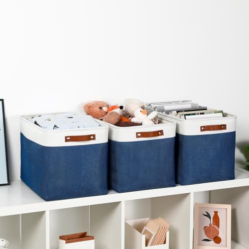 Large Storage Baskets with Leather Handles for Linen Closet and Home Office (White&Blue / XL-16"x 12"x12")