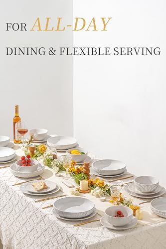 24 Piece Ceramic Dinnerware Set (White-Mixed Embossment / Service for 6-24Pcs (Double Bowl))