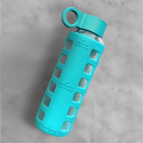 40oz / 32oz / 22oz / 12oz Borosilicate Glass Water Bottle with Time & Volume Markers, Silicone Sleeve, Stainless Steel Lid | Reusable Glass Bottle for Water & Juice (12oz Aqua Blue) (Aqua Blue (1 Count) / 12 Ounces)