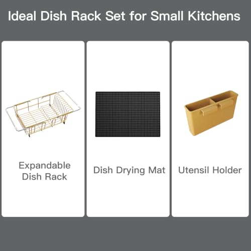 Gold Expandable Dish Drying Rack Over Sink with Extra Drying Mat (Gold / For 11.5"-16" W Sink with Cup Holder & Mat)