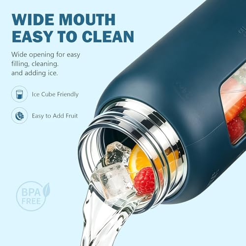 24 oz Glass Water Bottle with Straw and 2 Lids (Dark Blue / 24 Ounces)