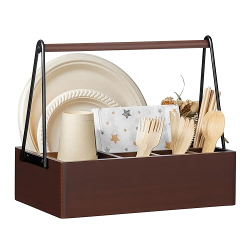 Silverware Caddy with Handle Acacia Wood Utensil Holder Paper Plate Holder (Acacia Wood)