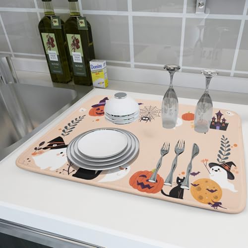 Fuuny Ghost Dish Drying Mats Holiday Decor Drying Pad Black Cat Drainer Rack Mats for Coffee Bar 18 X 24 Inch (Ghost 240820 / 24" x 18")