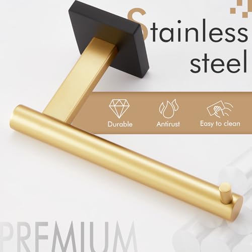 Toilet Paper Holder Black with Gold Toilet Roll Holder Hold Mega Rolls Kitchen Bathroom Tissue Paper Dispenser Stainless Steel (Black Gold / Horizontal)