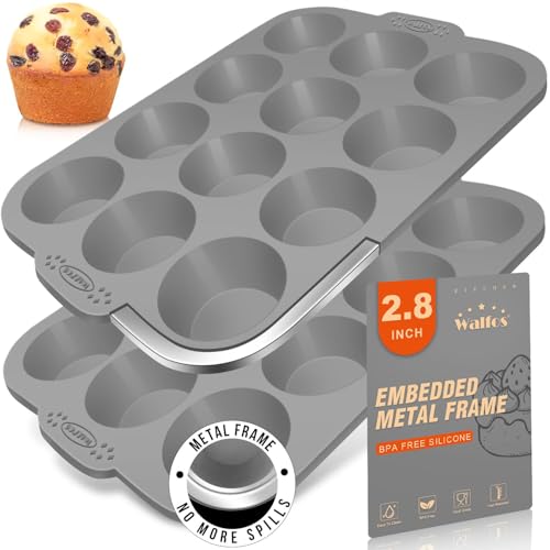 Silicone Muffin Pan with Metal Frame (2 Pcs: 12 Cups with frame, Regular Grey)