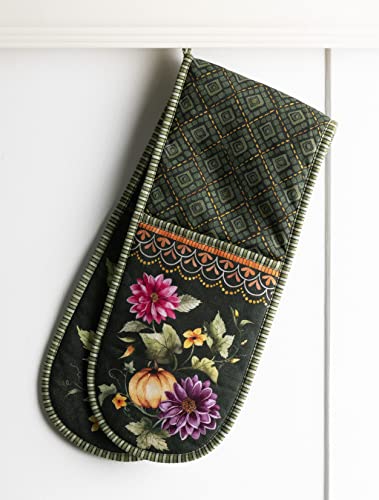 Double Oven Mitts 100% Cotton Double Oven Glove (026 - Pumpkin Garden - Dark Green / 7" x 35" (Double Oven Mitt))