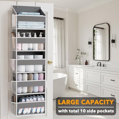 1 Pack Over The Door Organizer with 5 Large Pockets and 10 Mesh Side Pockets (1 Pack / Gray)