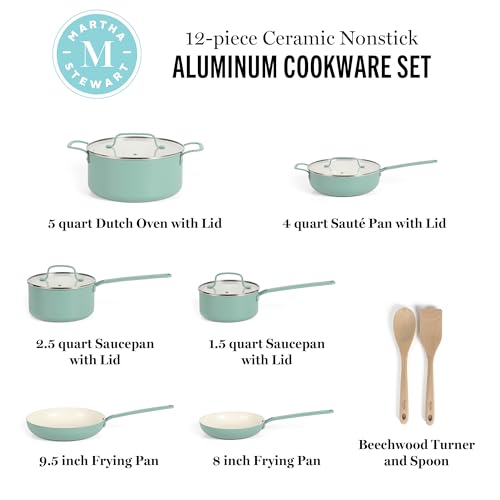 Emmeline Premium Nonstick PFA Free Ceramic Interior 12 Piece Heavy Gauge Enamel Aluminum Pots and Pans Cookware Set (12-Piece Cookware Set / Teal)