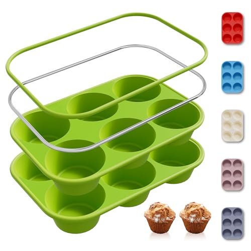 2 Pack 6 Cups Silicone Jumbo Muffin Pan with Metal Reinforced Frame Silicone Molds Mother Day Best Mama Mommy Bonus Mom Ever Mother In Law Gifts Step Mom Stepmom Grandma Gigi Granny Nana Present (2pc: 6-Cup Jumbo / Green)
