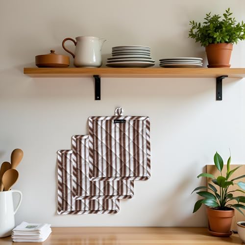 Double Stripe Pot Holders Heat Resistant Cotton Set of 3 Nonslip 8"x8" Inch Hot Pads for Kitchen (8x8 inches / Double Stripe Brown)