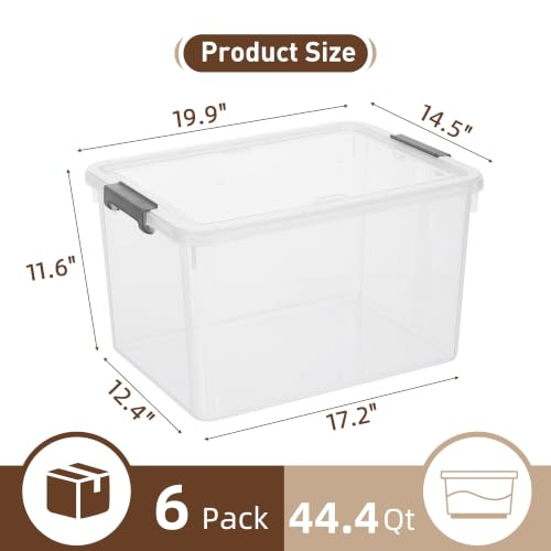 6 Packs 44.4 QT Plastic Storage Bins with Lids Large Stackable Storage Containers for Organizing Clear Storage Box for Garage (44.4 Qt. - 6 Packs / Clear White)