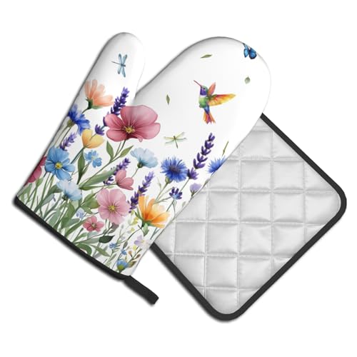 Spring Floral Oven Mitts and Pot Holder 2Pcs Hummingbird Flower Heat Resistant Kitchen Glove Washable Potholder for Baking Cooking Grilling (Hummingbird Flower)