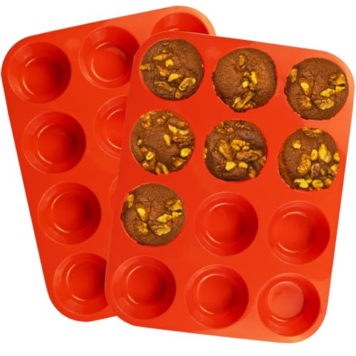 12 Cups Silicone Mini Muffin Pan Set (Set of 2--12 Cups (Red+Red))