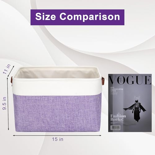 Storage Bins Large Fabric Storage Baskets for Shelves 3 Pack (Purple / Off-White / Large -15"x11"x9.5")