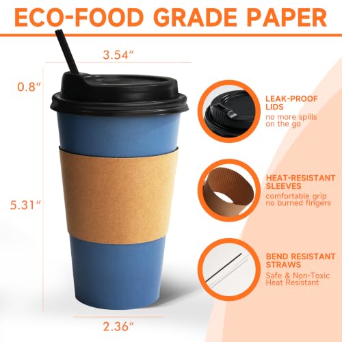 100 Pack 16 oz Disposable Coffee Cups with Lids and Sleeves (Black/Blue / 16oz)