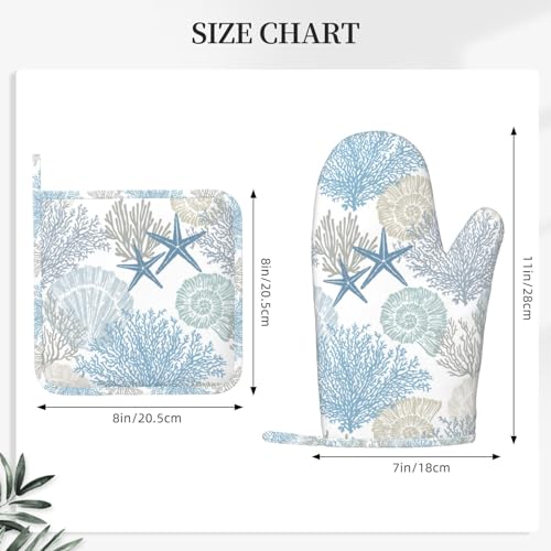 Nautical Coastal Oven Mitts and Pot Holders Sets Silicone Starfish Seashell Coral Beach Themed Kitchen Mitts Potholders Heat Resistant 4Pcs Ocean Oven Gloves Hot Pads for BBQ Grilling (Nautical Coastal)