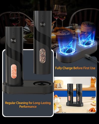 Rechargeable Electric Salt and Pepper Grinder Set Automatic Pepper Mill Grinders with Charging Base (Black)