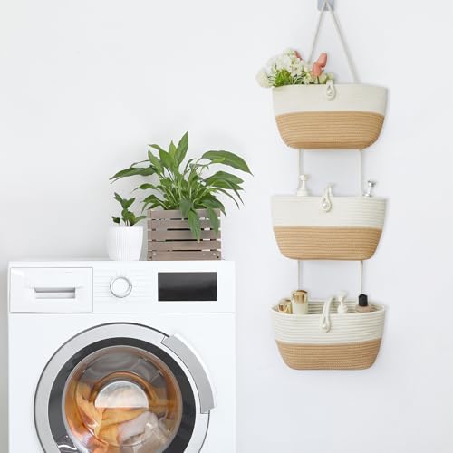 3 Tier Hanging Baskets for Storage with Pearl Button Strap (White&Jute / 3 tier+Pearl Button)