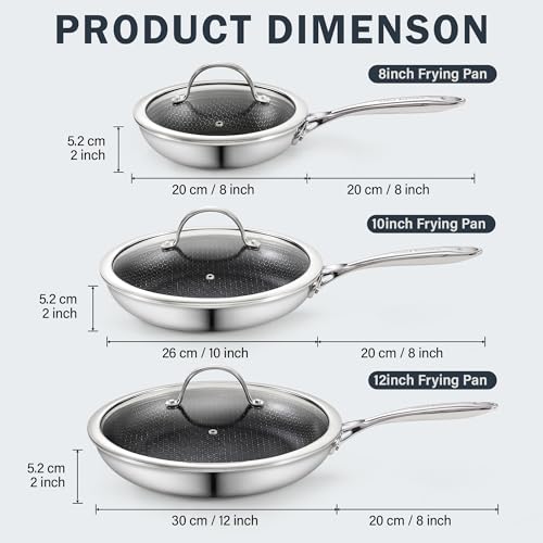 6 Piece Hybrid Nonstick Frying Pans Set with Glass Lids (8 and 10 and 12 Inch)