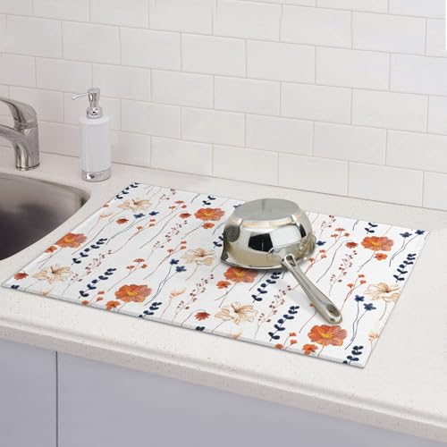 Orange Flower Decorative Dish Drying Mat for Kitchen Counter Watercolor Orange Floral Drying Pad 18x24 Inch Modern Absorbent Reversible Dish Drainer Rack Mats (Orange Flower / 18 x 24 inch)