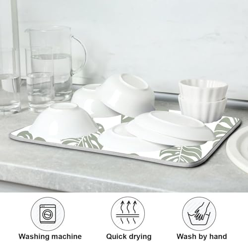 Green Palm Monstera Leaves Dish Drying Mat for Kitchen Counter Absorbent Microfiber Drying Pad (18" x 18")