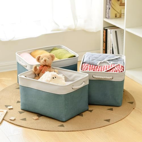 Organization and Storage basket for Organizing (White And Green / 3PCS/Large Cube - 16L×12W×12H)