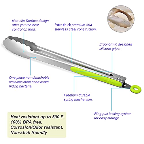 Premium 304 Stainless Steel Tongs Set (9" & 12" / Green)
